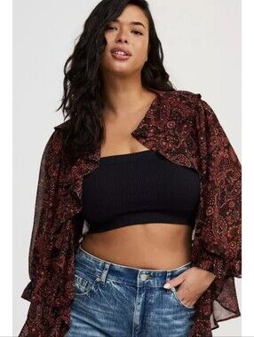 Torrid V-neck Ruffle Blouse Black Paisley Size 1X